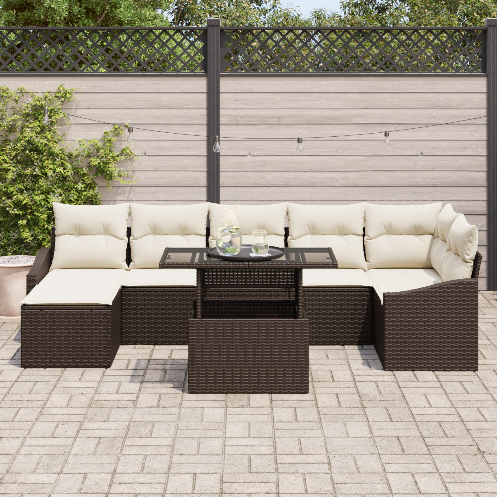 Set da Giardino 8 Pezzi con Cuscini Marrone in Rattan Polipro