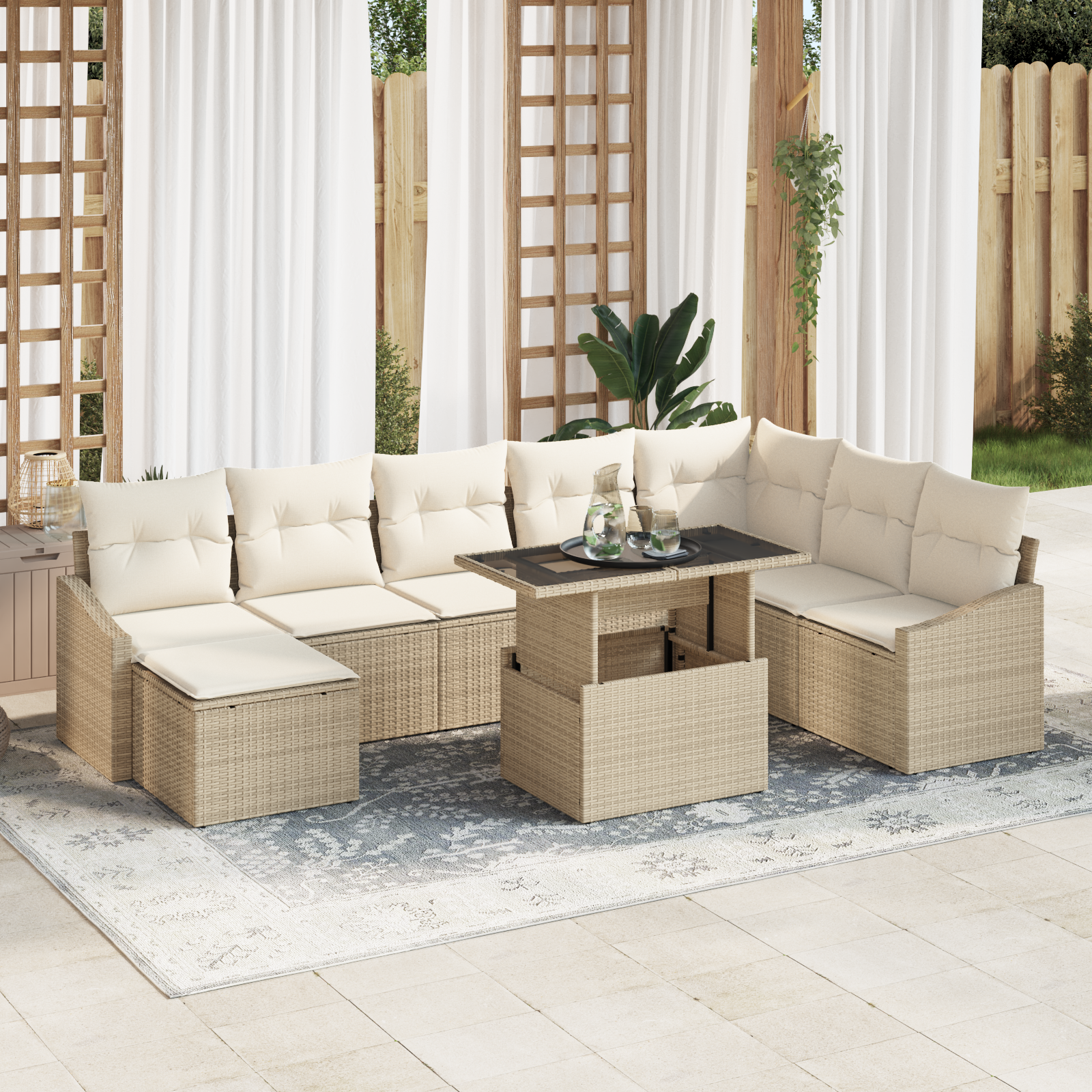 Set da giardino in 9 pezzi con cuscini beige in rattan sintetico