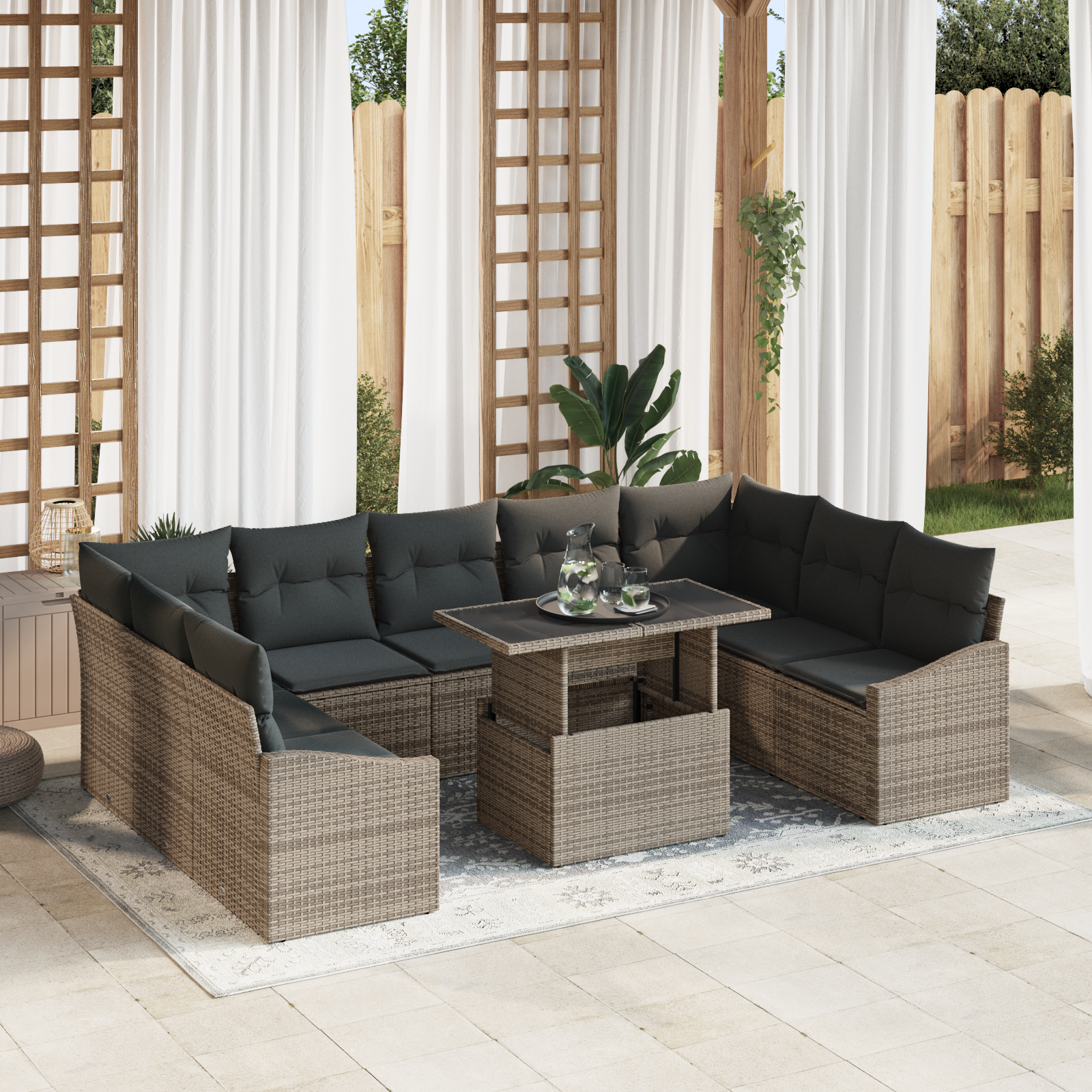 Set Divano da Giardino da 10 Pezzi con Cuscini Grigio in Polyrattan