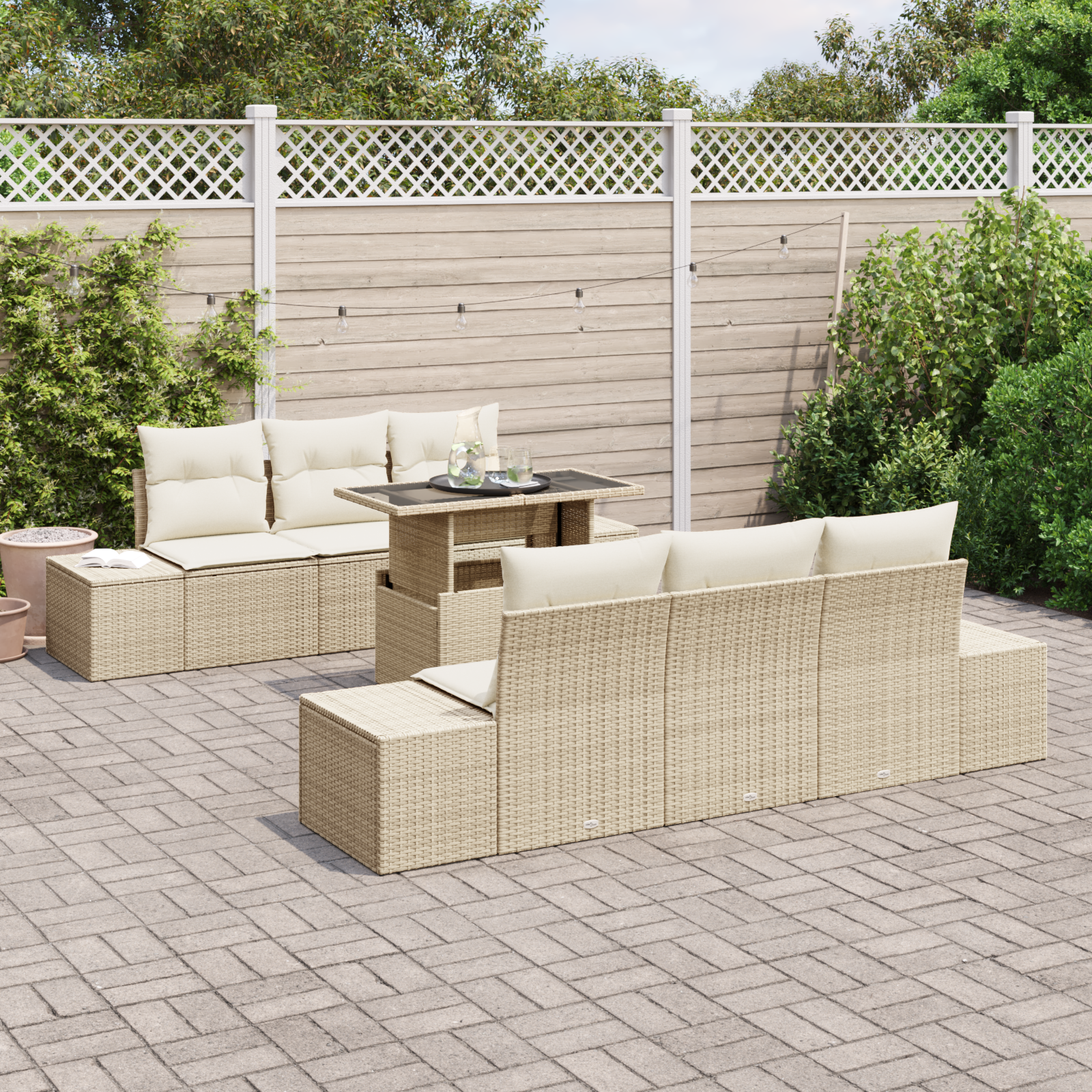 Set Divano da Giardino 7 Pezzi con Cuscini Beige in Polyrattan
