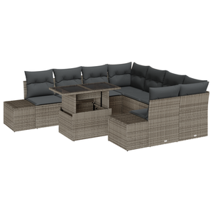 Set da Giardino 9 Pezzi con Cuscini Grigio in Polyrattan