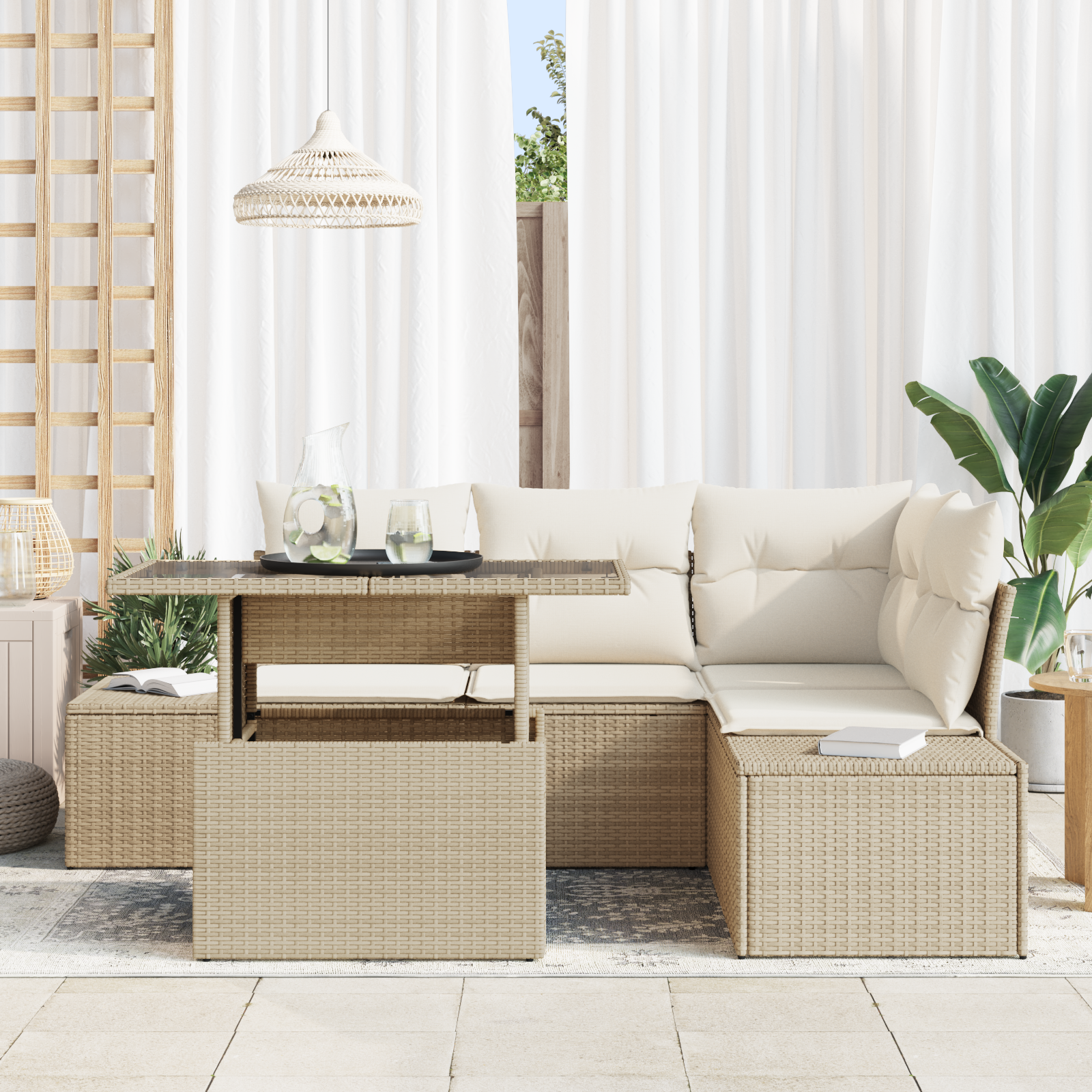 Set di divani da giardino 5 pezzi con cuscini beige in polirattan