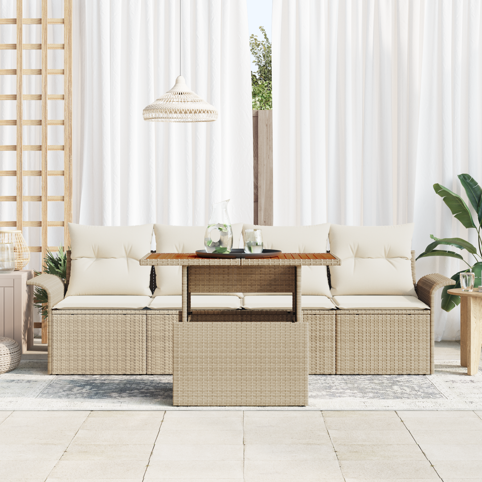 Set 5 Pezzi Divano da Giardino con Cuscini Beige Polirattan