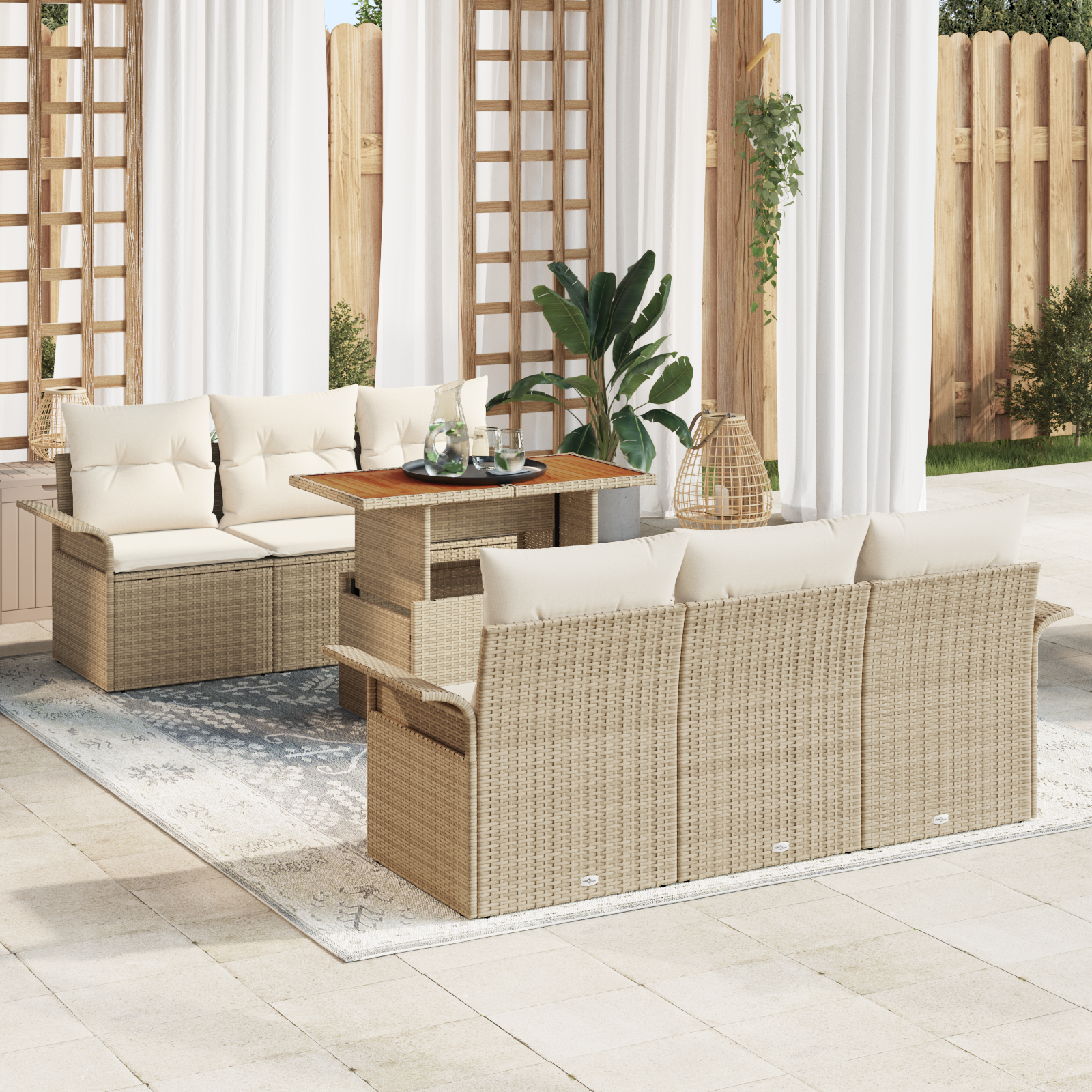 Set Divano da Giardino 7 Pezzi con Cuscini Beige in Rattan Sintetico