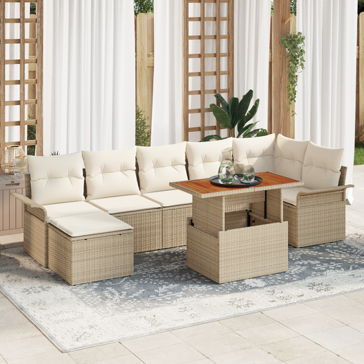 Set da giardino 8 pezzi con cuscini rattan poliestere beige