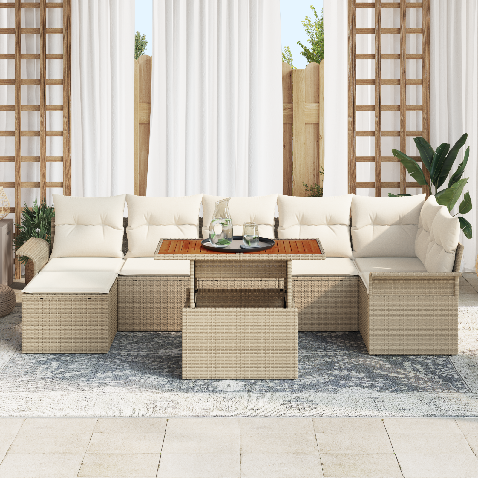Set da giardino 8 pezzi con cuscini rattan poliestere beige