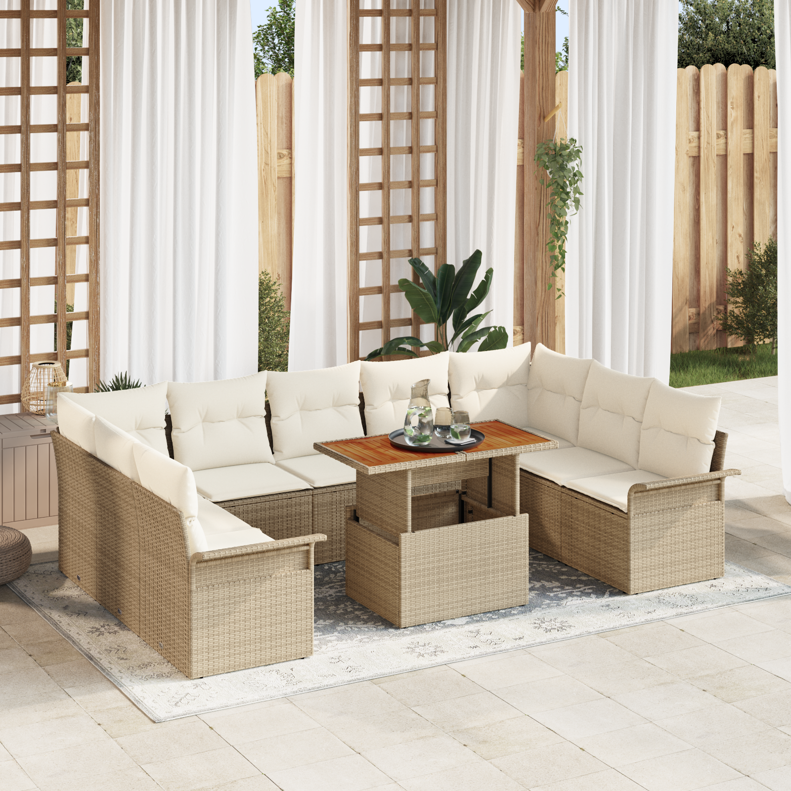 Set Divano da Giardino  10 Pezzi con Cuscini Rattan Policarbonet Beige