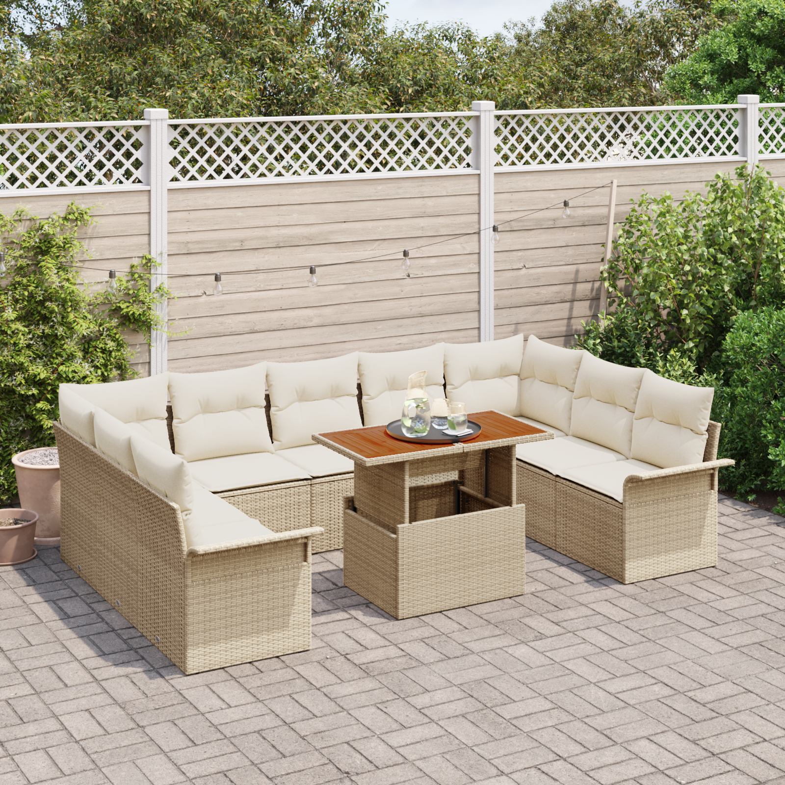 Set Divano da Giardino  10 Pezzi con Cuscini Rattan Policarbonet Beige