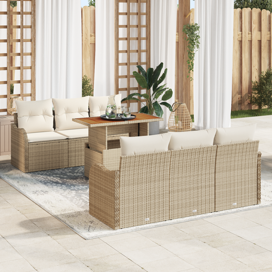 Set di divani da giardino da 7 pezzi con cuscini beige in polyrattan
