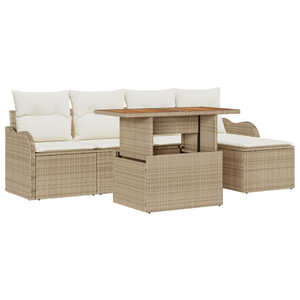 Set Divano da Giardino 6 Pezzi con Cuscini Beige Poly Rattan