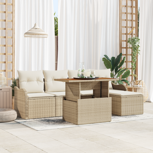 Set Divano da Giardino 6 Pezzi con Cuscini Beige Poly Rattan
