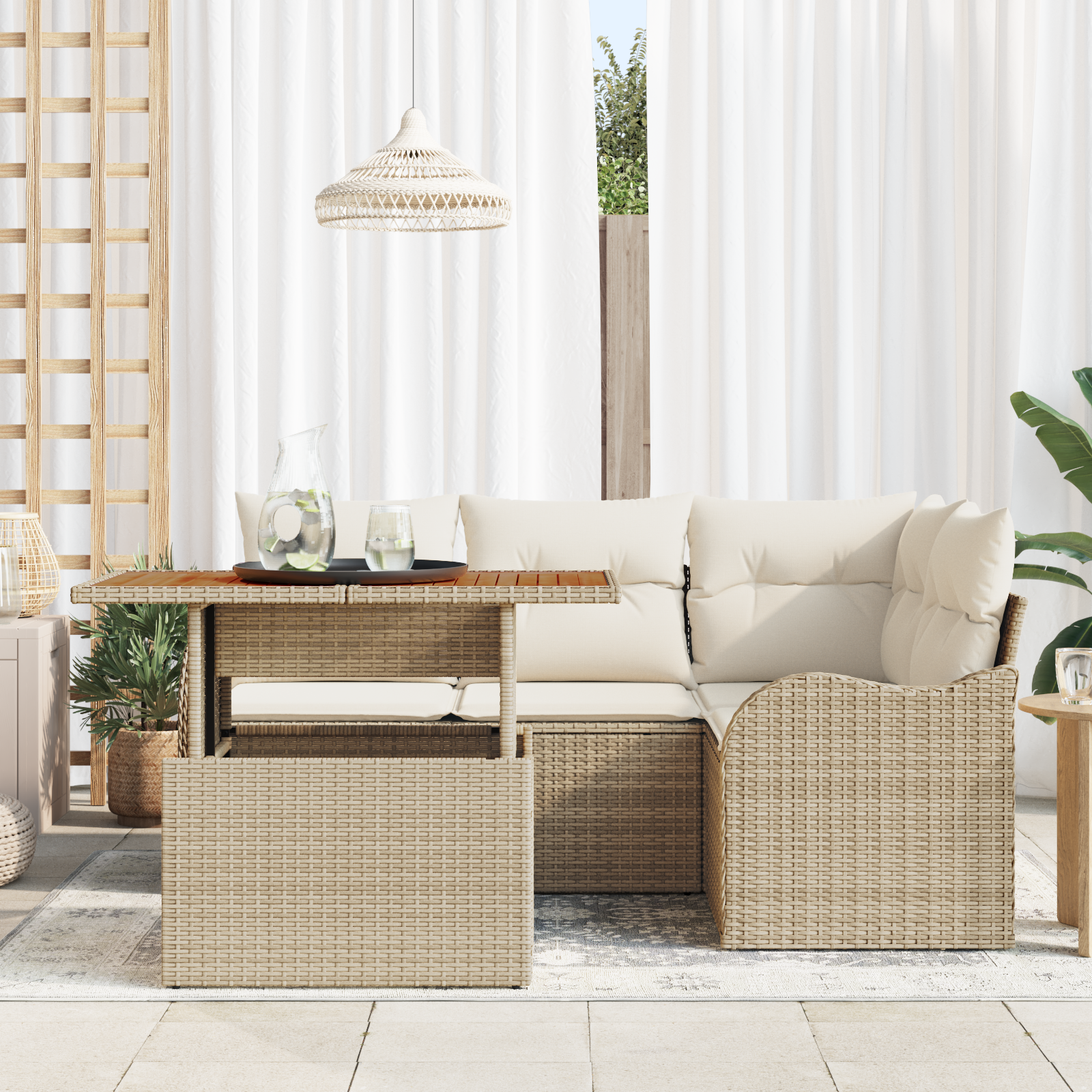 Set Divano Giardino da 5 Pezzi con Cuscini Beige in Rattan Poliestere