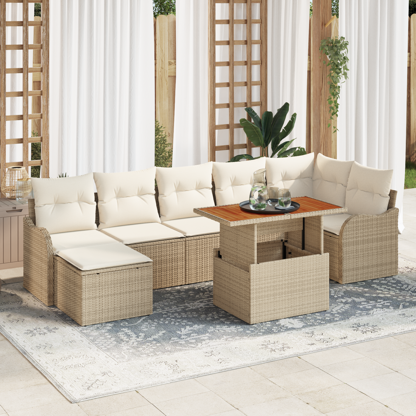 Set Divano da Giardino da 8 pezzi con Cuscini Beige Polyrattan