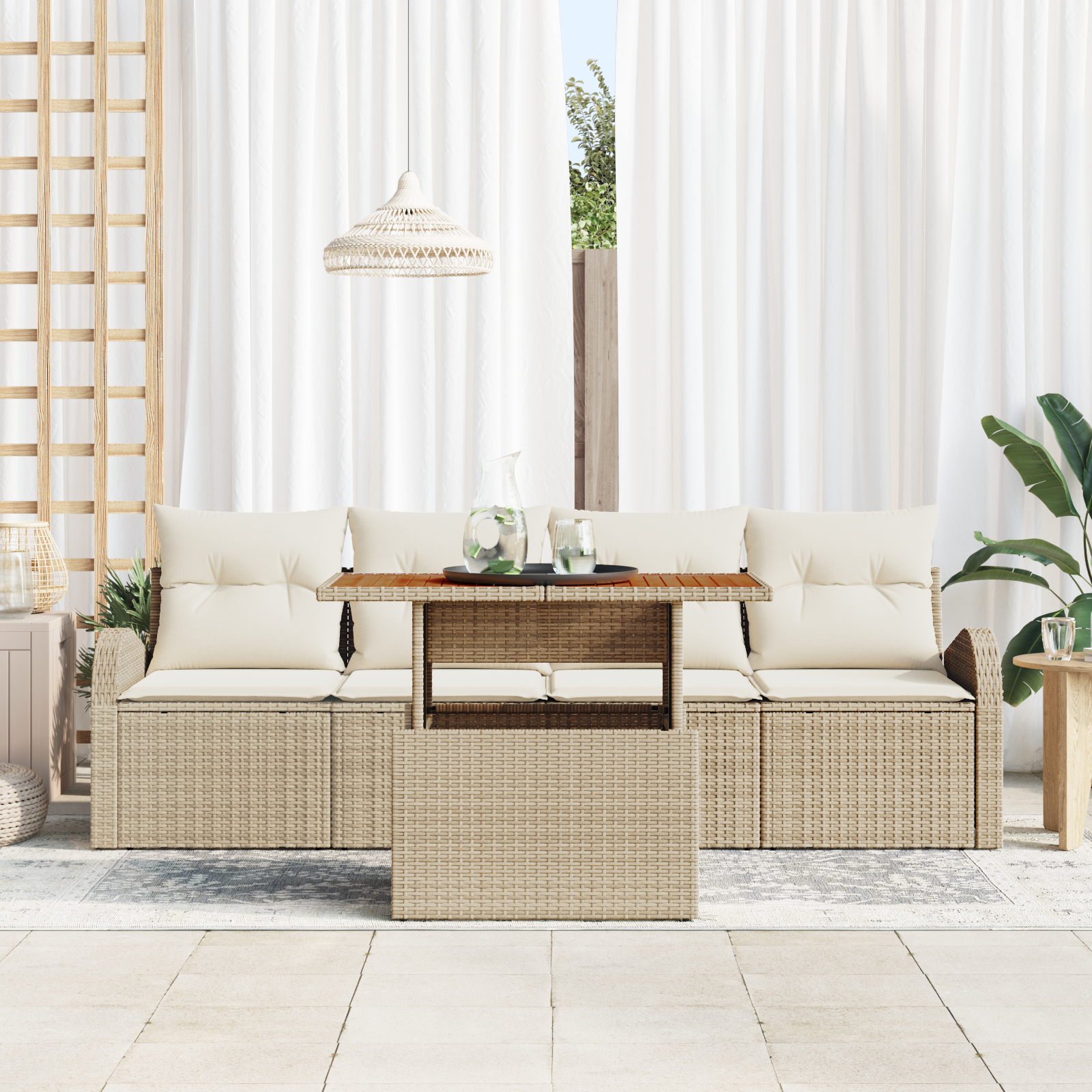 Set di Sofà da Giardino con Cuscini Beige in 5 Pezzi in Polyrattan