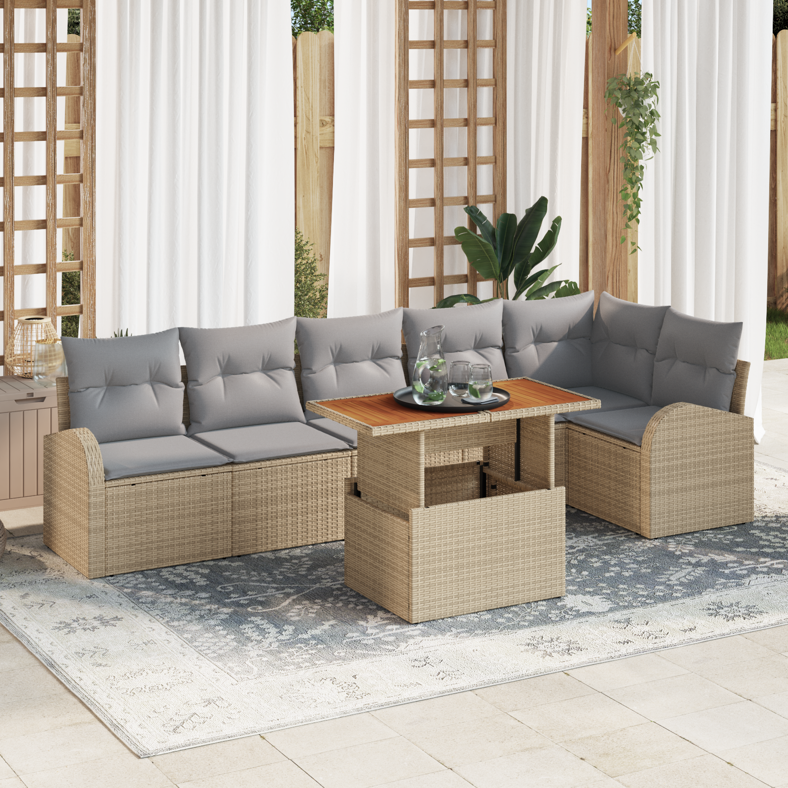 Set Divano da Giardino  7 Pezzi con Cuscini Beige Rattan Polipropilene
