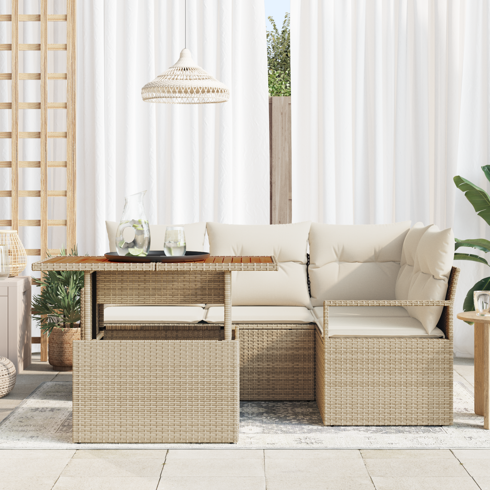 Set divano da giardino 5 pezzi con cuscini Rattan beige