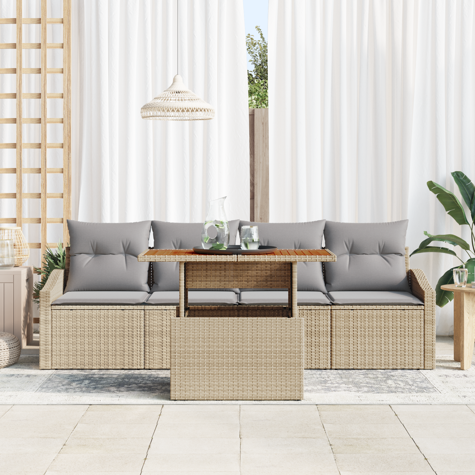 Set divano da giardino a 5 pezzi con cuscini in rattan sintetico beige