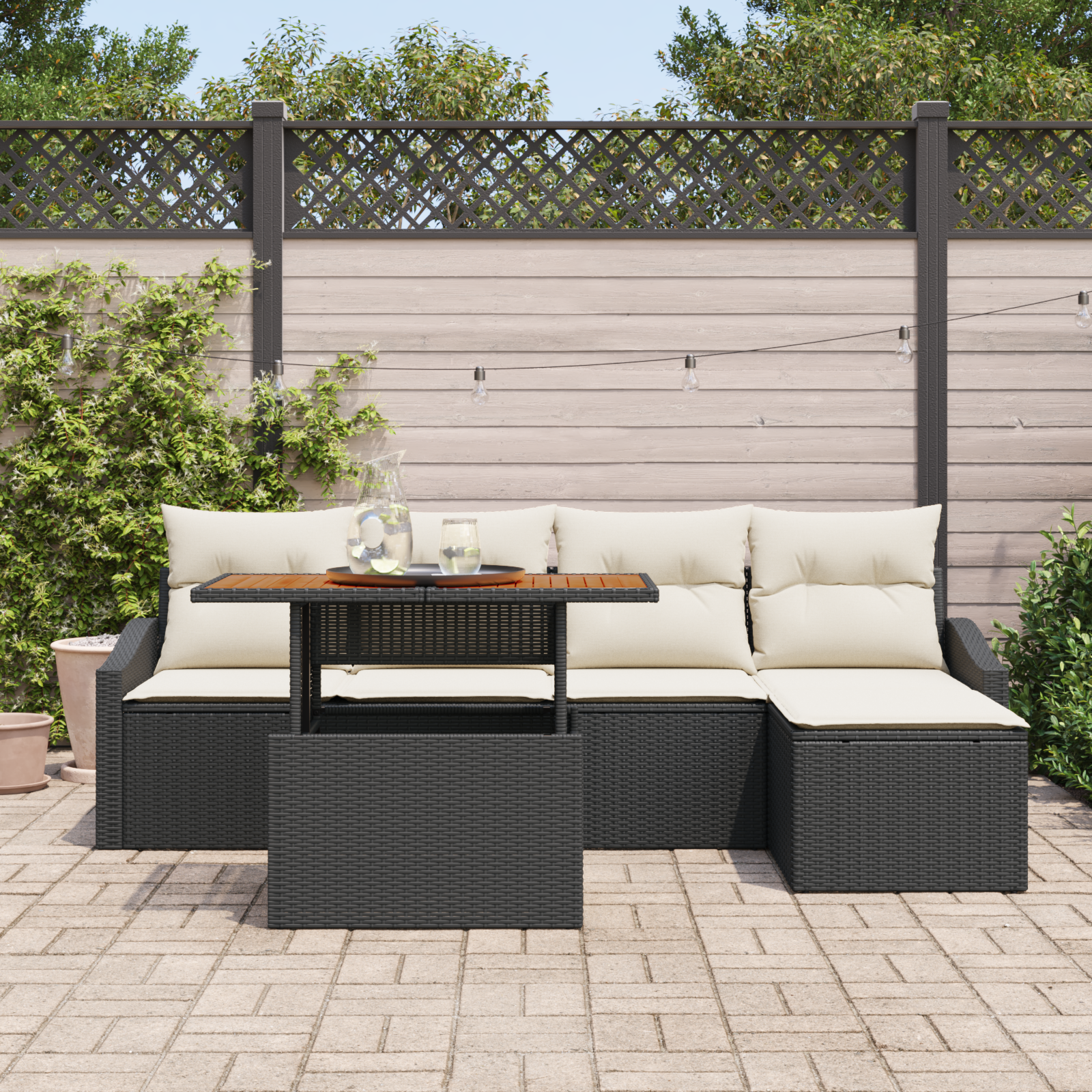 Set di Sofà da Giardino 6 Pezzi con Cuscini Nero Polyrattan