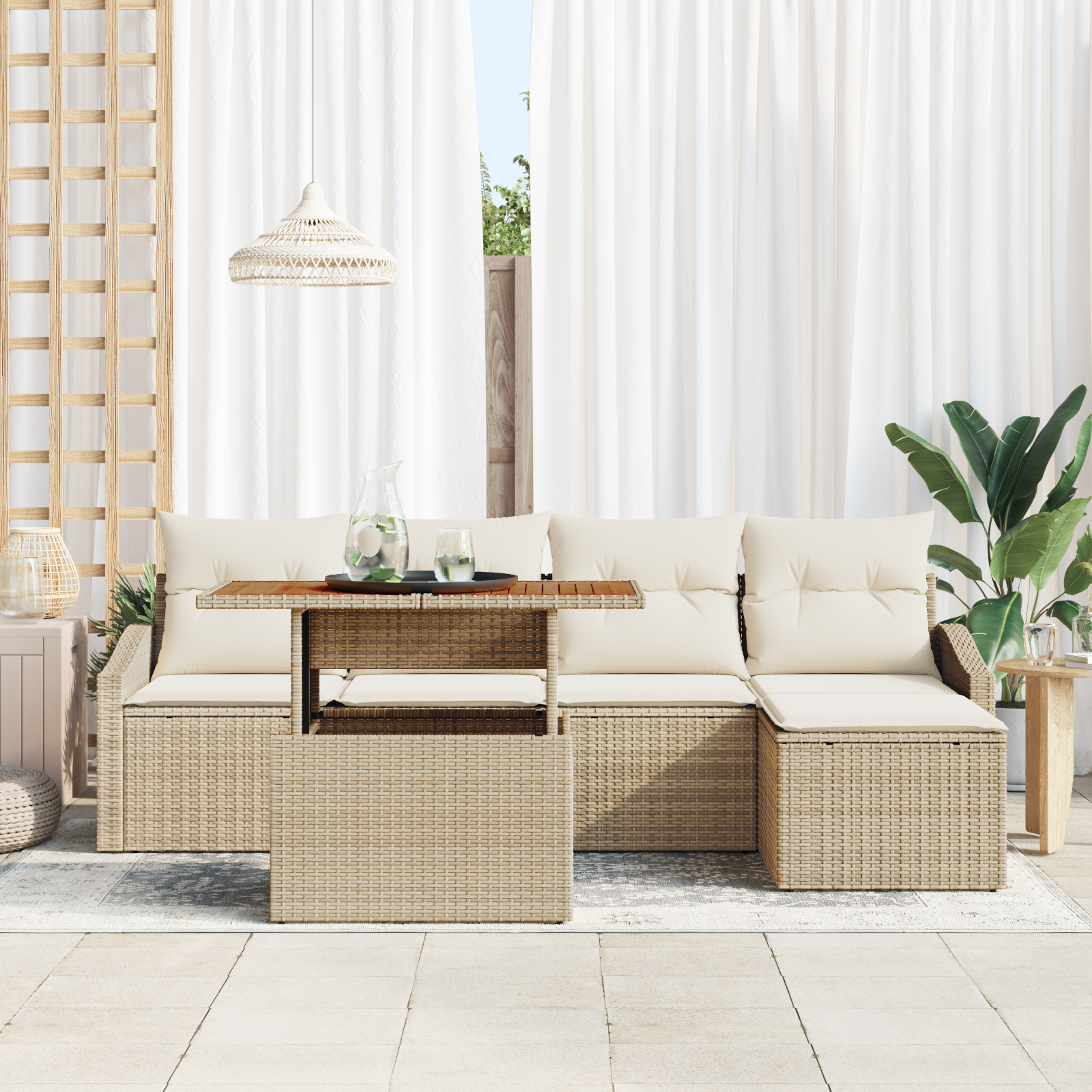 Set Divano da Giardino 6 Pezzi con Cuscini Beige Polyrattan
