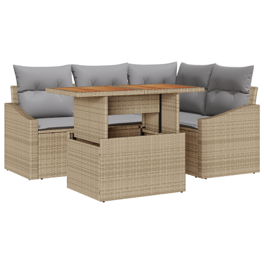 Set Divano Giardino 5 Pezzi con Cuscini Beige Poly Rattan