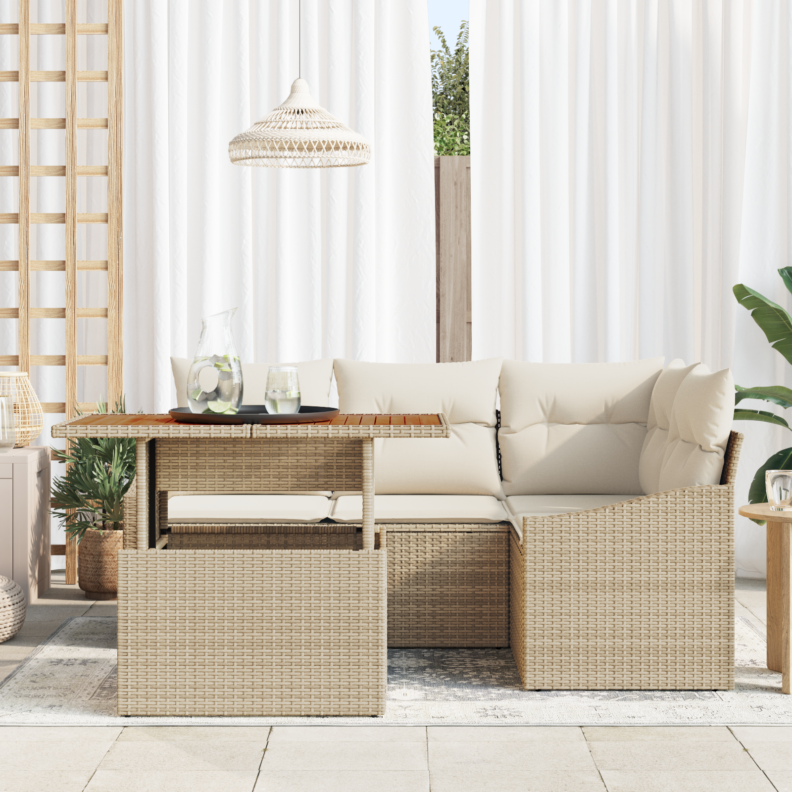Set di divani da giardino 5 pezzi con cuscini beige in rattan