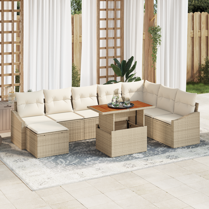 Set Divano da Giardino a 9 Pezzi con Cuscini Beige in Rattan Poliestere