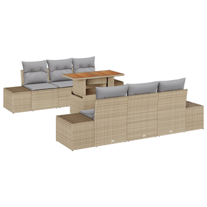 Set Divano da Giardino da 7 Pezzi con Cuscini Beige in Rattan Poliestere