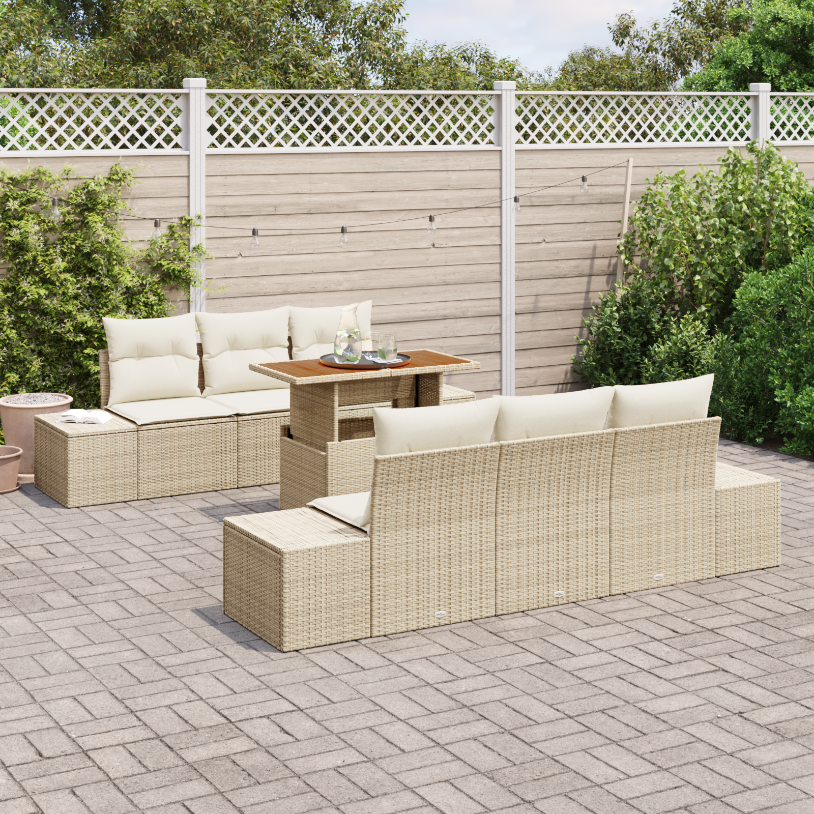 Set Divano Giardino 7 Pezzi con Cuscini Beige in Polyrattan