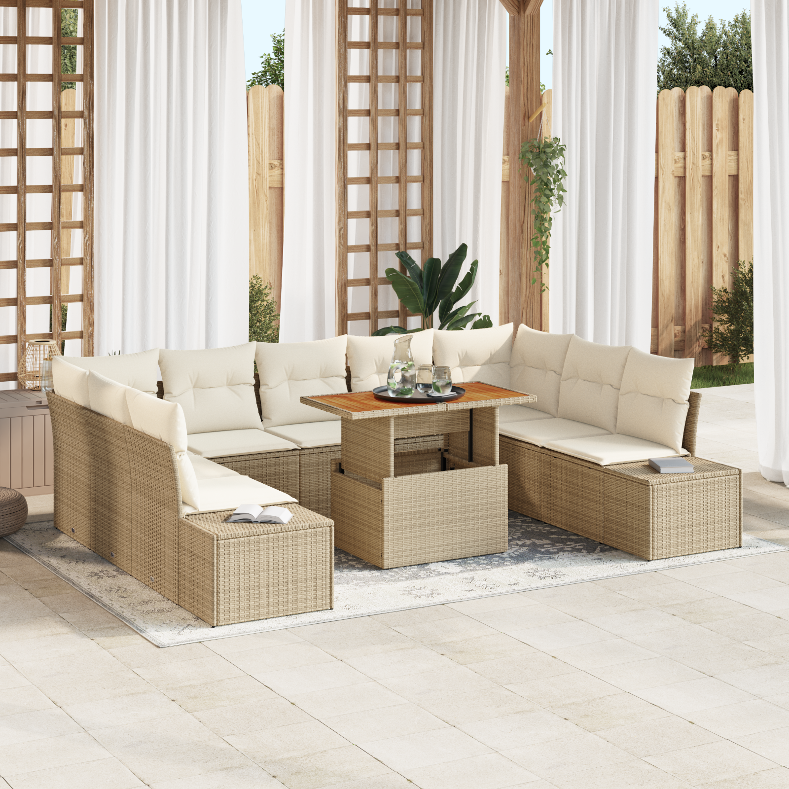 Set Divano Giardino 10 Pezzi con Cuscini Beige Rattan Sintetico