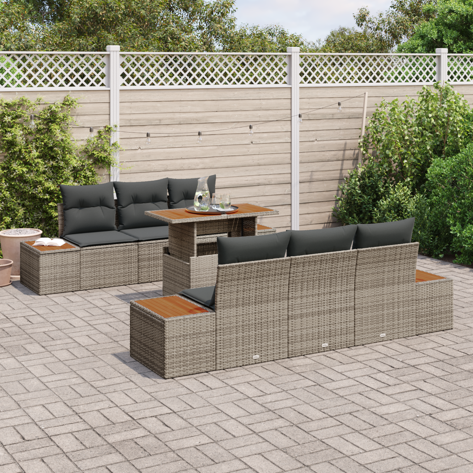 Set di Sofà da Giardino a 7 Pezzi con Cuscini Grigio Rattan Poliestere