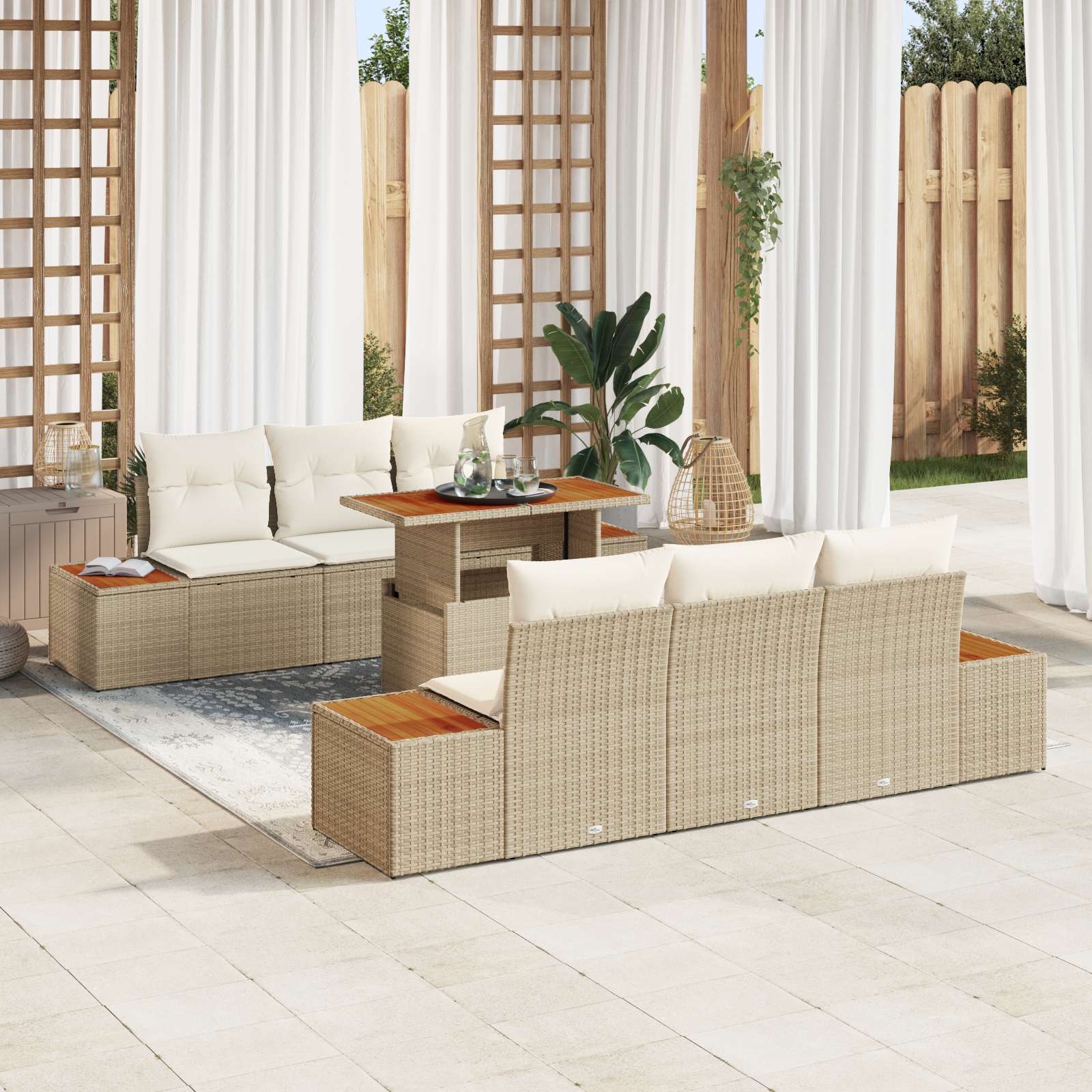 Set Divano Giardino a 7 Pezzi con Cuscini Beige in Rattan Polietilene