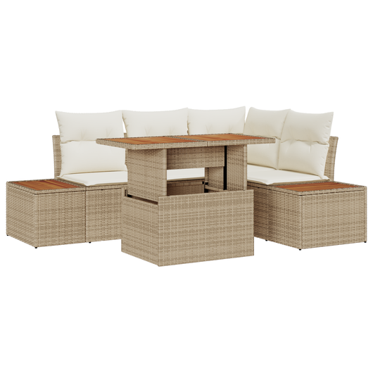 Set Divano da Giardino 5 Pezzi con Cuscini Beige Rattan Sintetico