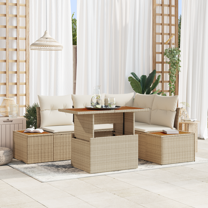Set Divano da Giardino 5 Pezzi con Cuscini Beige Rattan Sintetico