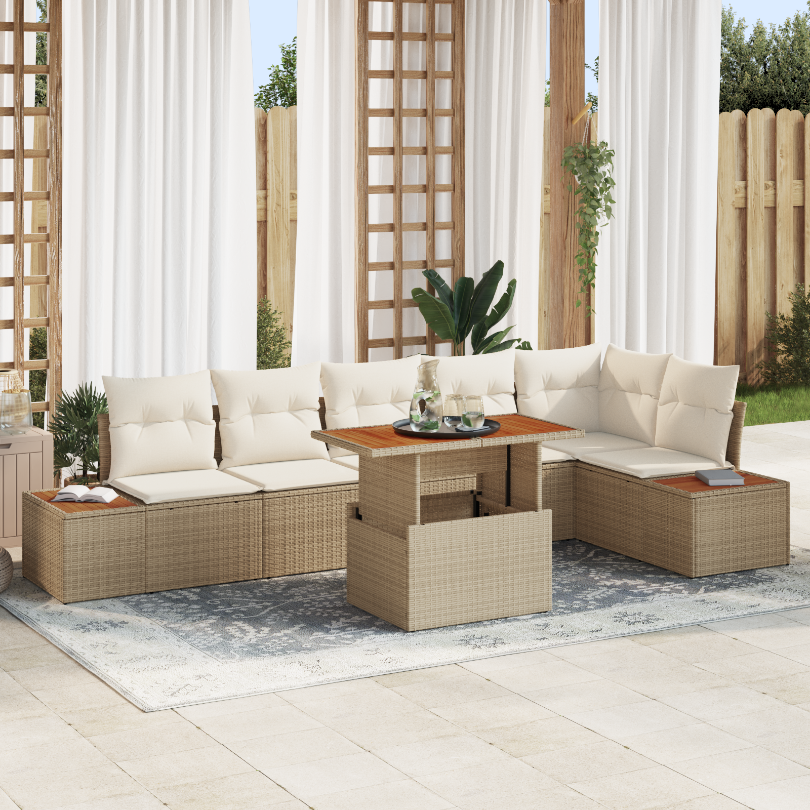 Set di Divani da Giardino  da 7 Pezzi con Cuscini Beige in Polyrattan