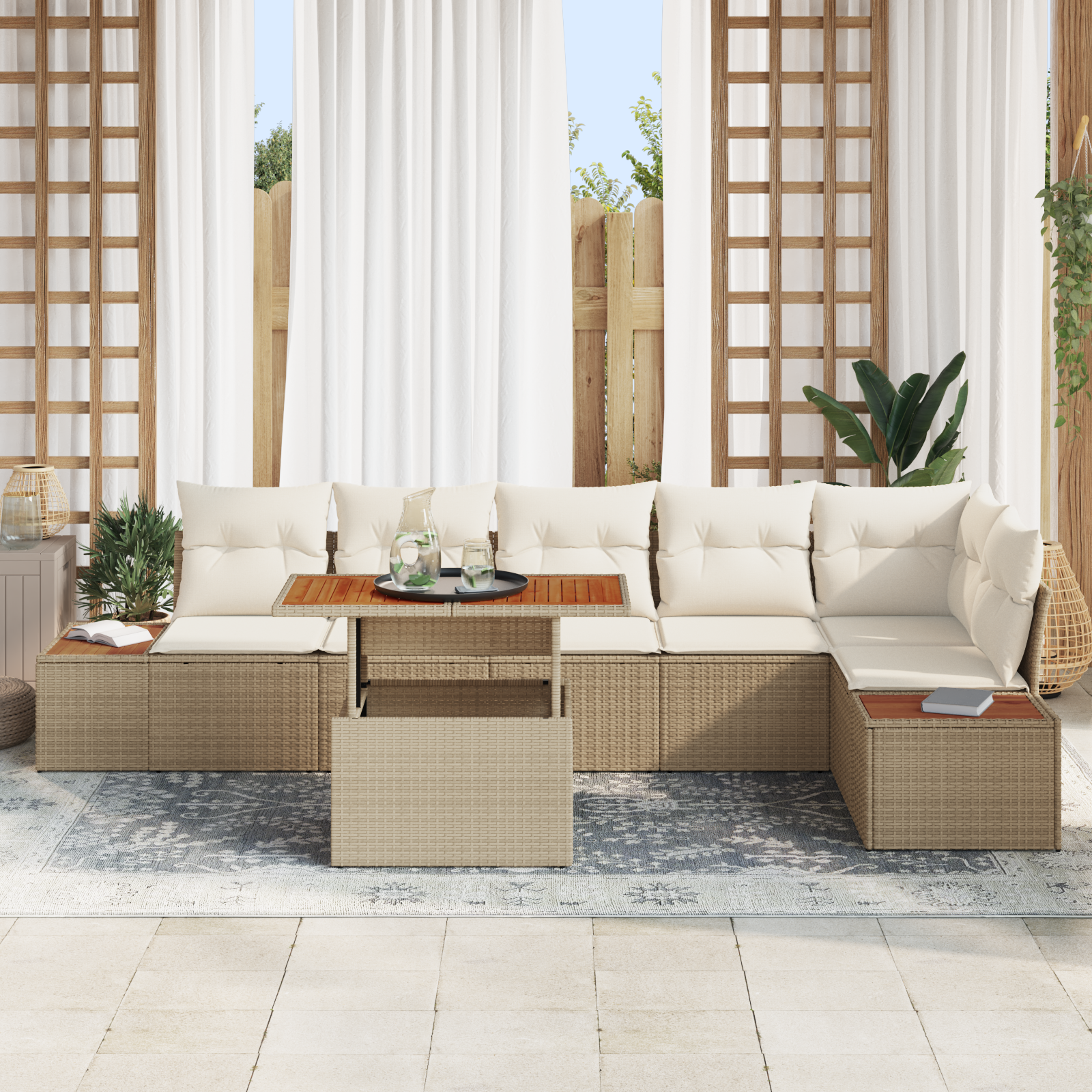 Set di Divani da Giardino  da 7 Pezzi con Cuscini Beige in Polyrattan