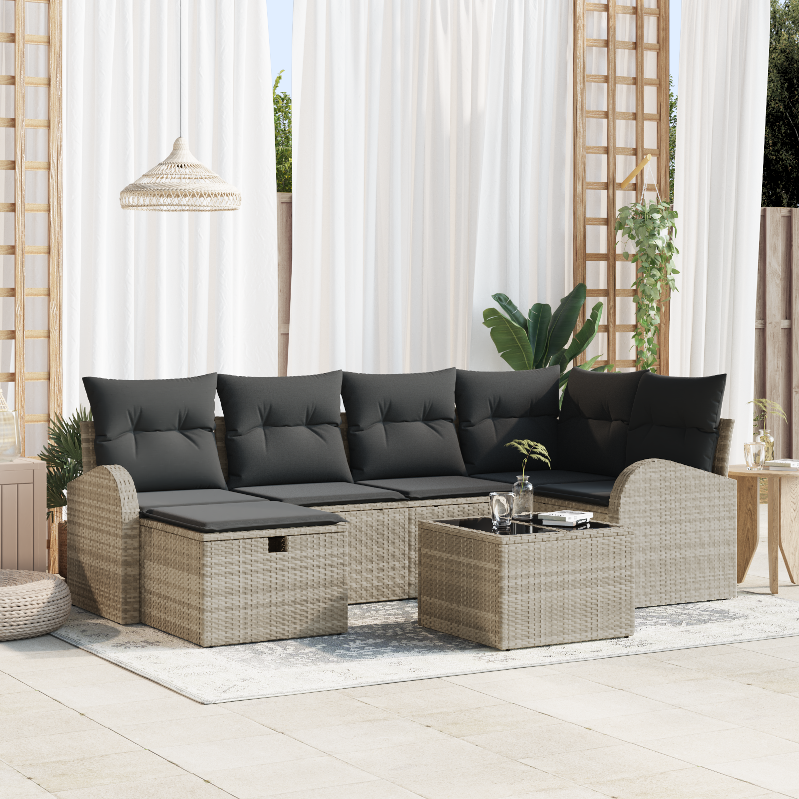 Set di Sofà da Giardino con Cuscini Grigio Chiaro Polyrattan