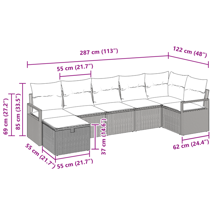 Set di Sofà da Giardino 7 Pezzi con Cuscini Rattan PE Marrone