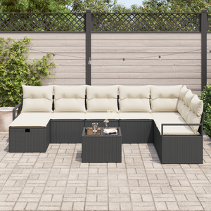 Set da Giardino a 9 Pezzi con Cuscini in Rattan Poliestere Nero