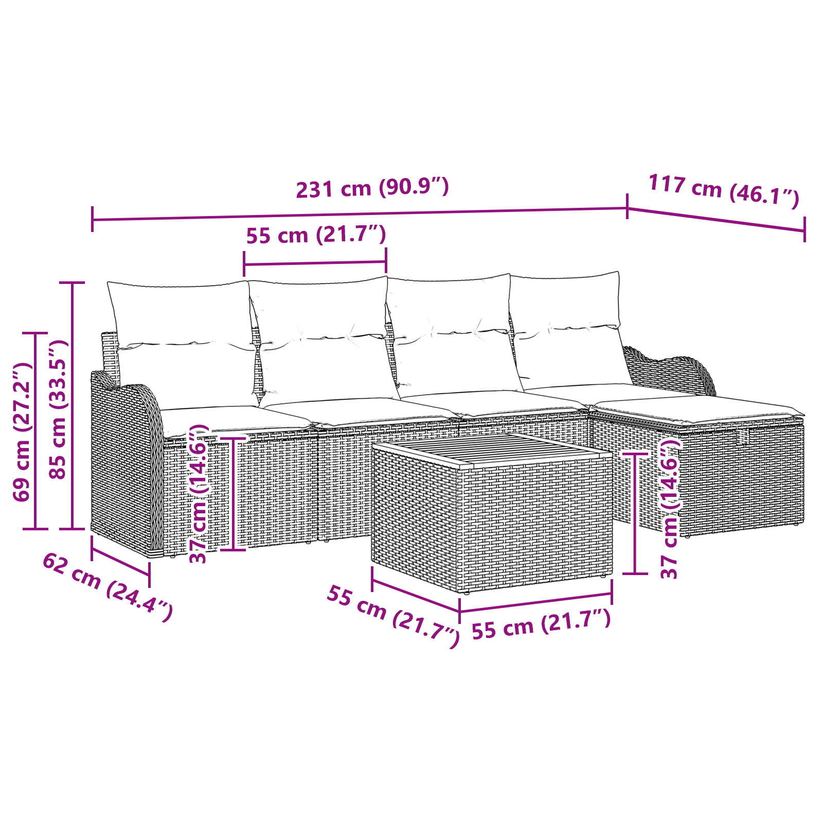 Set di Sofà da Giardino  6 Pezzi con Cuscini Nero Polyrattan