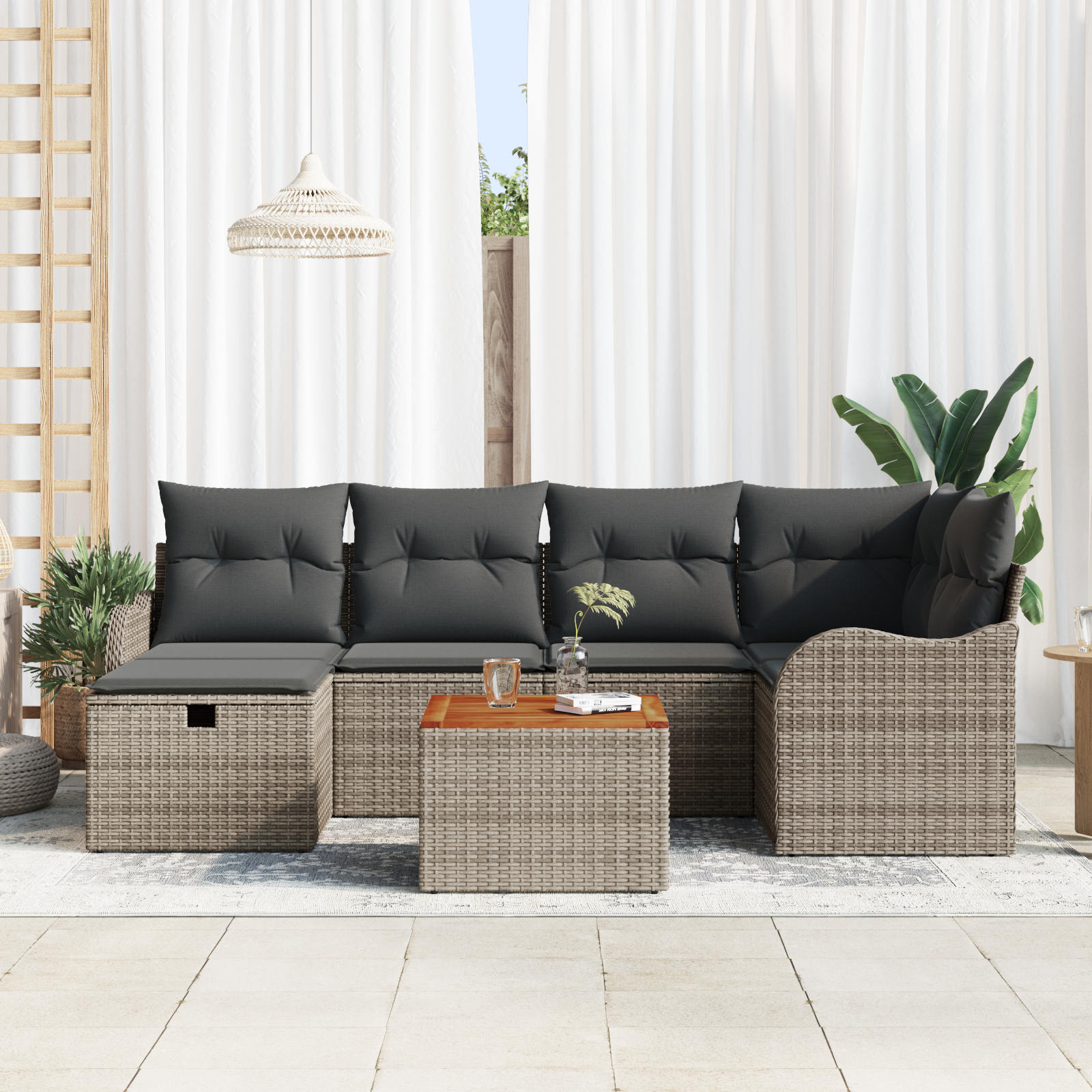 Set divani giardino 7 pezzi con cuscini grigi in polyrattan