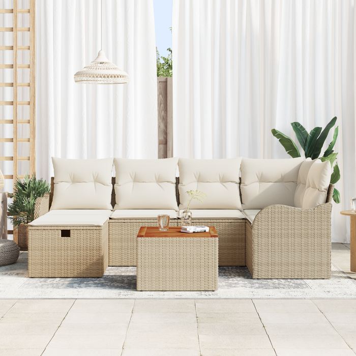 Set di Sofà da Giardino di 7 Pezzi con Cuscini Beige in Polyrattan