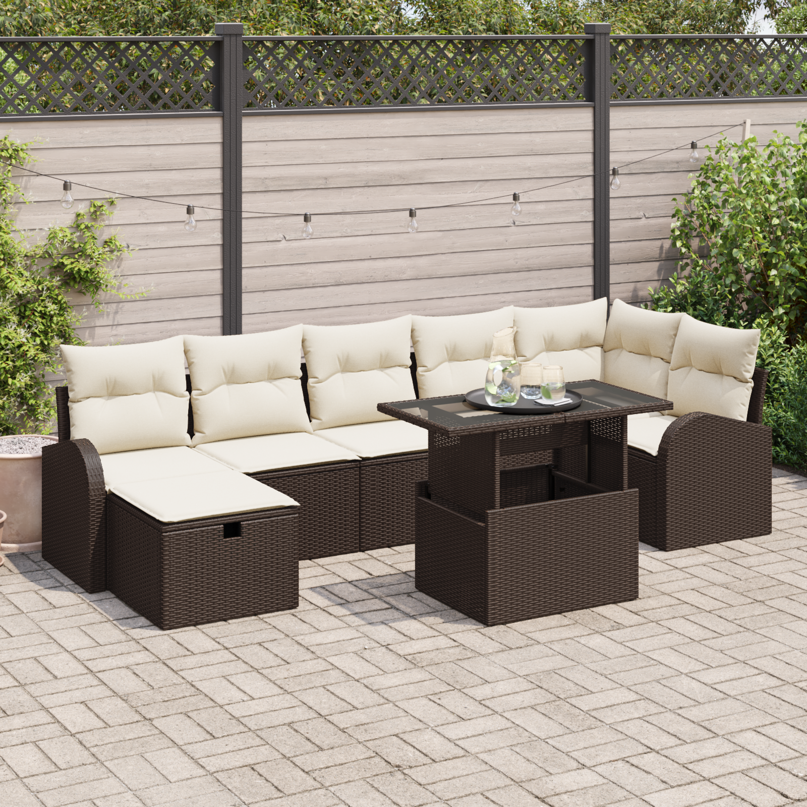 Set di Sofà da Giardino di 8 Pezzi con Cuscini Marrone in Polyrattan