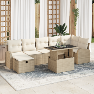 Set Divano da Giardino a 8 Pezzi con Cuscini Beige Rattan Poliestere