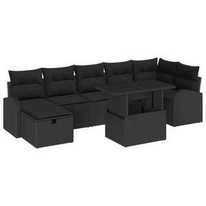 Set Divano da Giardino a 8 Pezzi con Cuscini Nero Rattan Poli