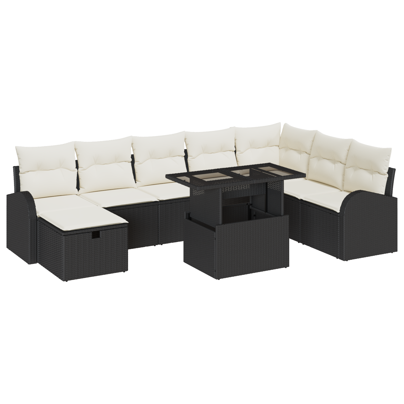 Set di divani da giardino 9 pezzi con cuscini Nero Polyrattan