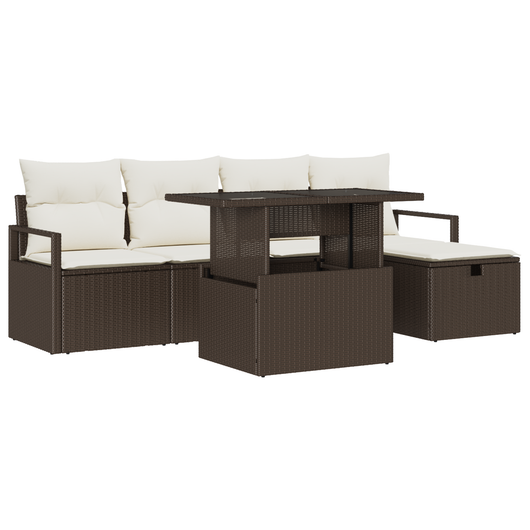 Set Divano da Giardino 6 Pezzi con Cuscini Marrone Polyrattan