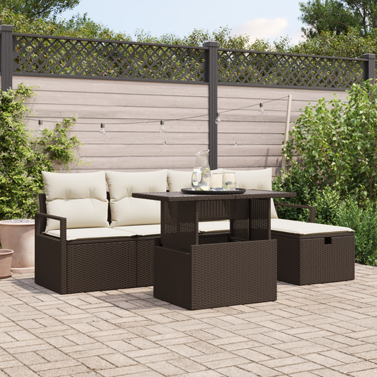 Set Divano da Giardino 6 Pezzi con Cuscini Marrone Polyrattan