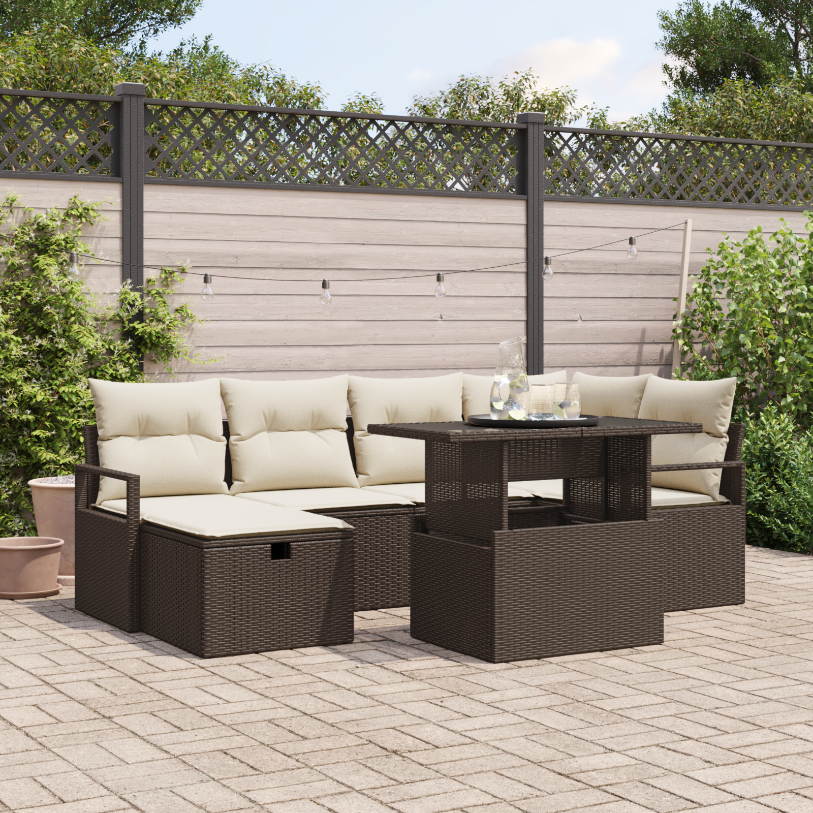 Set Divano da Giardino a 7 Pezzi con Cuscini Marrone Rattan Polimerico