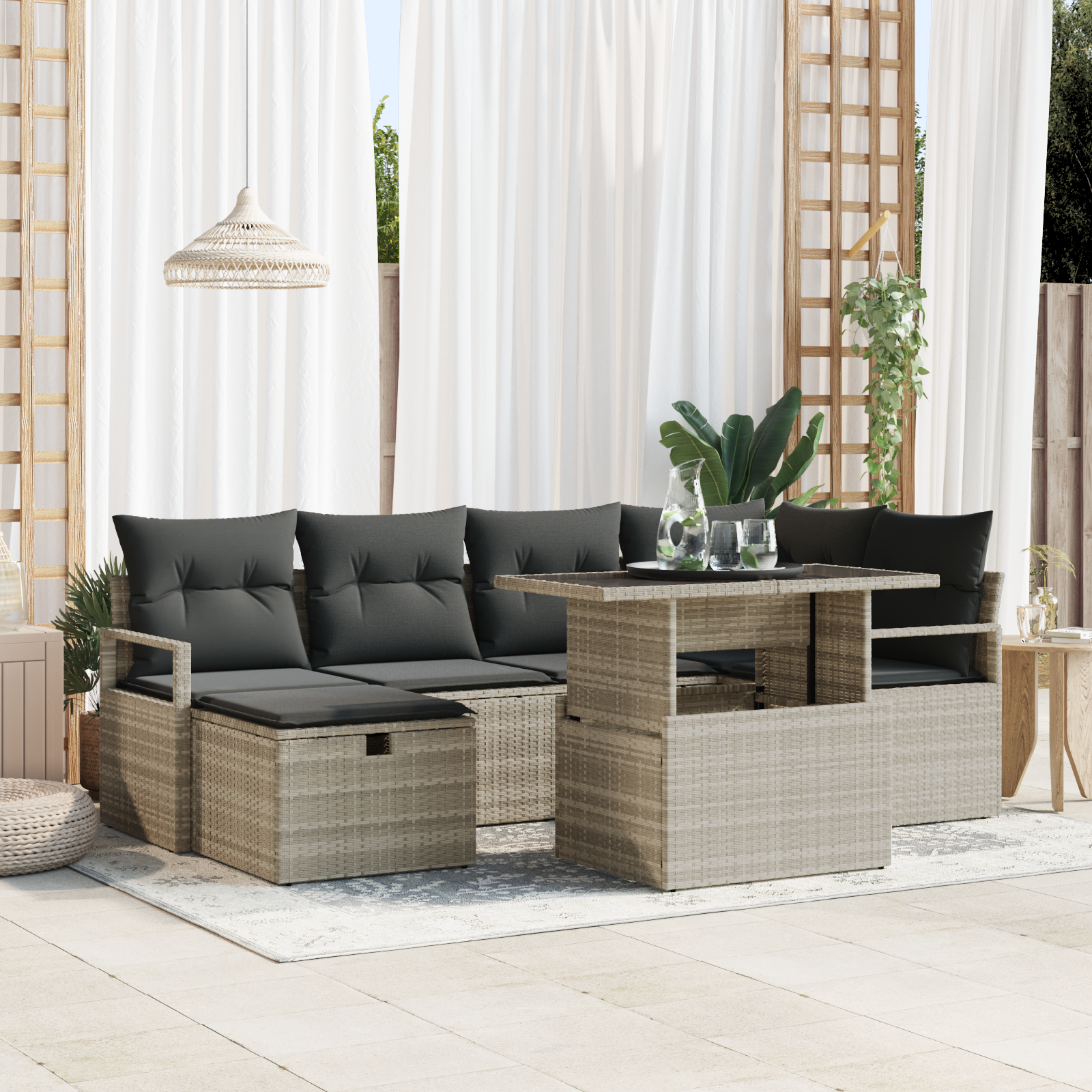 Set di Sofà da Giardino in 7 Pezzi con Cuscini Grigio Chiaro Vimini