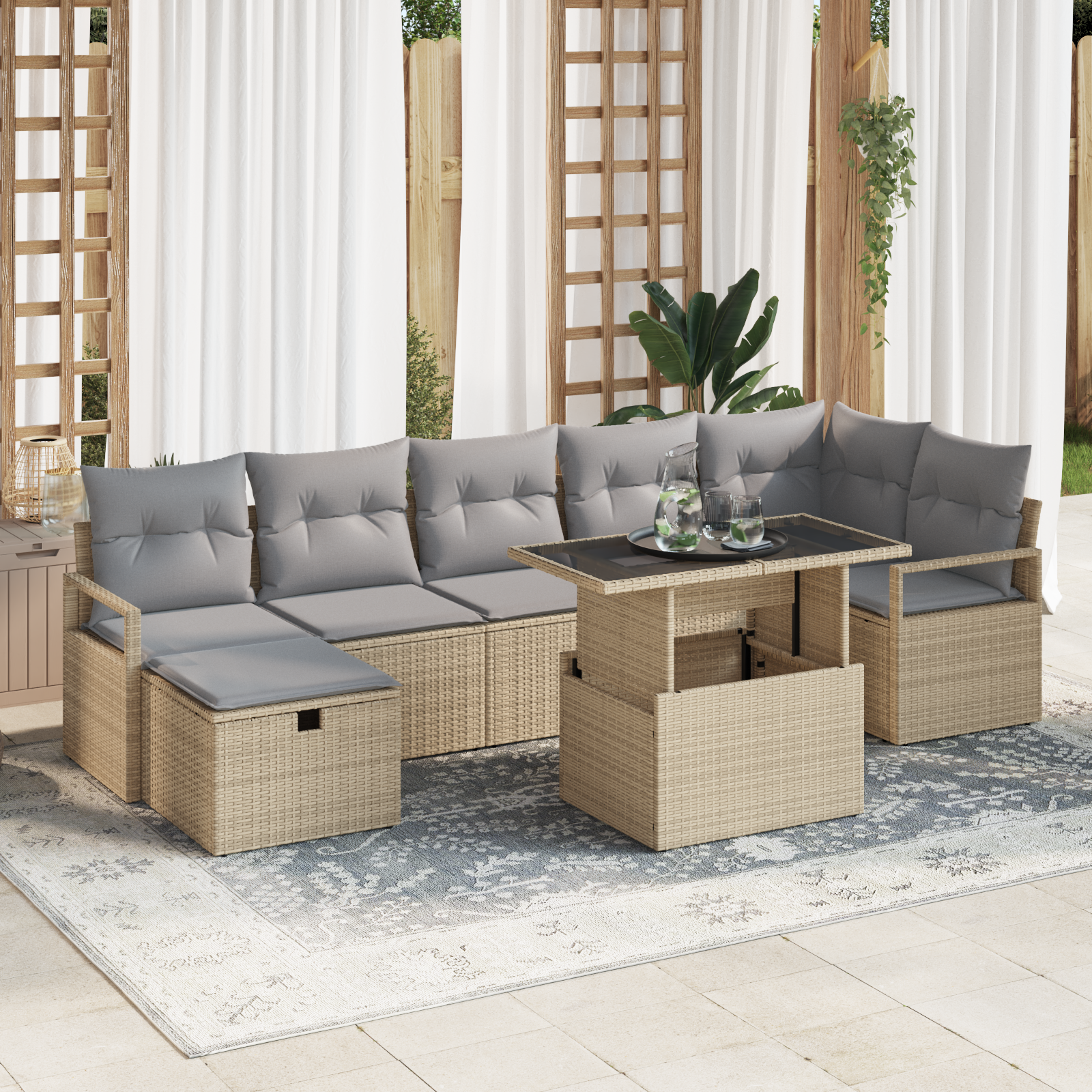 Set Divano da Giardino  8 Pezzi con Cuscini Beige Rattan in Poliestere